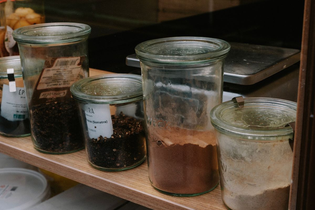 Spice jars on a shelf